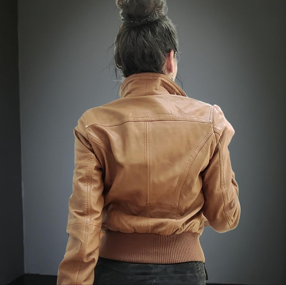 Women's Genuine Leather English Boutique English Tan Bomber Jacket - Picture 3 of 5
